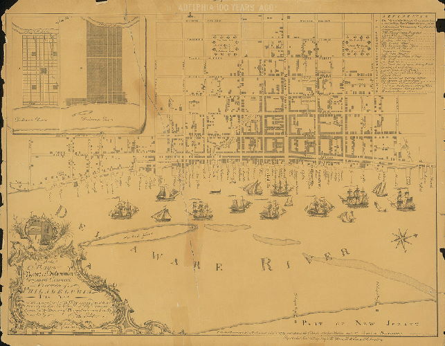 Plan, Philadelphia 100 years ago. "To the Mayor Recorder Aldermen Common Council and Freemen of Philadelphia this plan of the improved part of the City surveyed and laid down by the late Nicholas Scull Esq. Surveyor General of the Province of Pennsylvania is humbly inscribed by the Editors. [November 1858 republication, from Joseph H. Bonsall and Samuel L. Smedley, of 1762 map by Matthew Clarkson and M. Biddle]