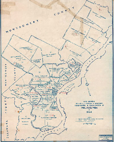 Plan, Map showing districts, boroughs and townships incorporated in the consolidation of Philadelphia in 1854