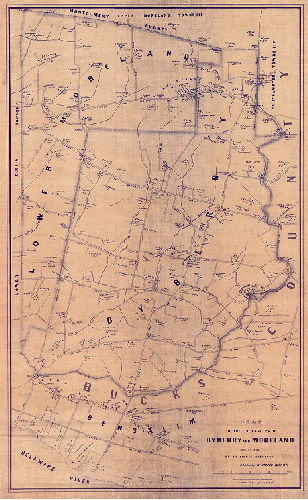 Plan, Plan of the townships of Byberry and Moreland, Phila. Co'y., by J. C. Sidney, Surveyor. Published by M. Dripps, Phila. 1849. Lith'y. of A. Kollner - H. Camps Lith. Press, Phoenix block, Phila. Copied by H. M. N., 4th Survey District, Feb'y. 1932 