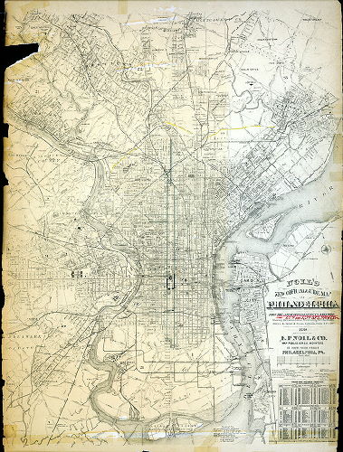 Plan (alternate image), Noll's new official guide map of Philadelphia from the latest official surveys & records….1889. Published by E. P. Noll & Co. [Route of 13th and 15th Street Passenger Railway Co. traced on this map in colored ink]