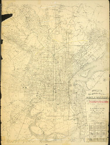 Plan, Noll's new official guide map of Philadelphia from the latest official surveys & records….1889. Published by E. P. Noll & Co. [Route of 13th and 15th Street Passenger Railway Co. traced on this map in colored ink]
