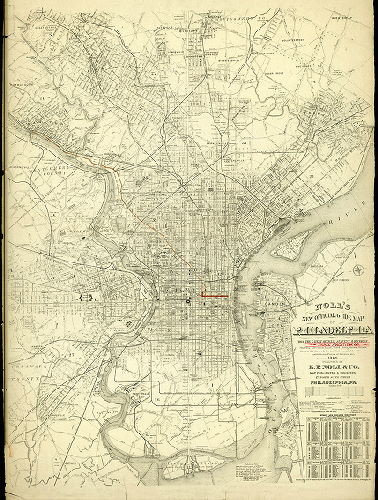 Plan (alternate image), Noll's new official guide map of Philadelphia from the latest official surveys & records….1889. Published by E. P. Noll & Co. [Route of Ridge Avenue Passenger Railway Co. traced on this map in colored ink]