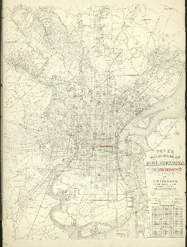 Plan, Noll's new official guide map of Philadelphia from the latest official surveys & records….1889. Published by E. P. Noll & Co. [Route of Ridge Avenue Passenger Railway Co. traced on this map in colored ink]
