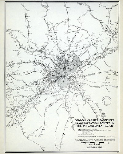 Plan (alternate image), Common carrier passenger transportation routes in the Philadelphia region. Philadelphia City Planning Commission, November 1946. Source of data: Information supplied by operating companies.