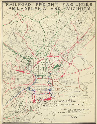 Plan, Railroad freight facilities, Philadelphia and vicinity. Prepared by Philadelphia City Planning Commission from information supplied by the railroads. Printed and distributed by Chamber of Commerce of Philadelphia. June 1949