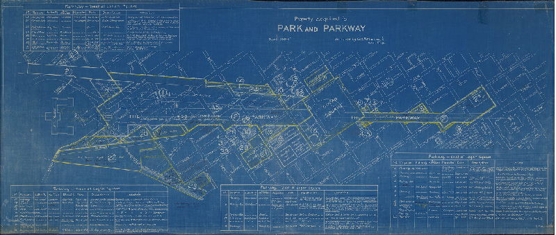 Plan (alternate image), Property acquired for [Fairmount] Park and Parkway. Compiled by Geo. R. Mackenzie, Asst. Engr. [Dated June 7, 1927]