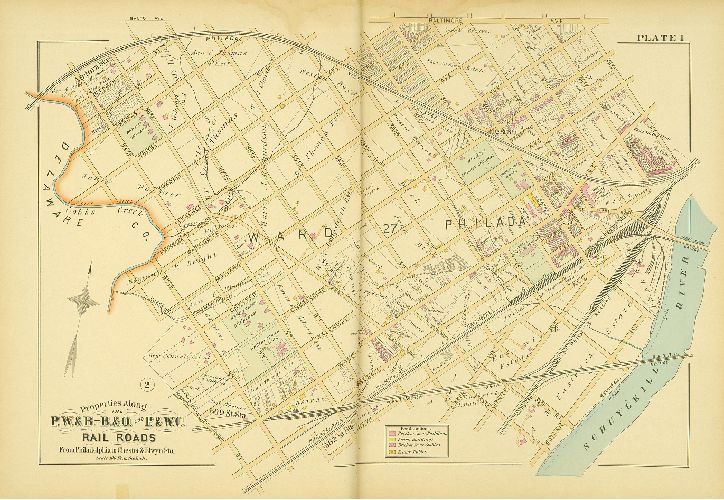 Plate 1, Atlas of Properties along the Philadelphia, Wilmington and Baltimore R.R., Baltimore & Ohio R.R., Phila. & West-Chester R.R., and part of Philada. & Reading R.R., Philadelphia to Chester and Elwyn Sta.