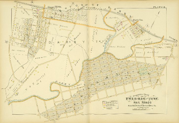 Plate 8, Atlas of Properties along the Philadelphia, Wilmington and Baltimore R.R., Baltimore & Ohio R.R., Phila. & West-Chester R.R., and part of Philada. & Reading R.R., Philadelphia to Chester and Elwyn Sta.