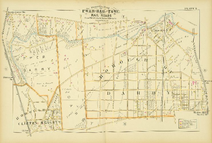 Plate 9, Atlas of Properties along the Philadelphia, Wilmington and Baltimore R.R., Baltimore & Ohio R.R., Phila. & West-Chester R.R., and part of Philada. & Reading R.R., Philadelphia to Chester and Elwyn Sta.