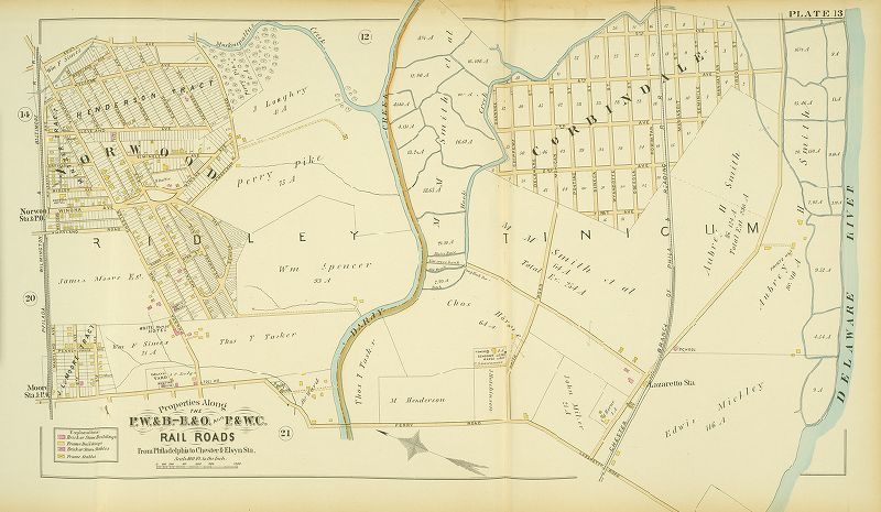 Plate 13, Atlas of Properties along the Philadelphia, Wilmington and Baltimore R.R., Baltimore & Ohio R.R., Phila. & West-Chester R.R., and part of Philada. & Reading R.R., Philadelphia to Chester and Elwyn Sta.
