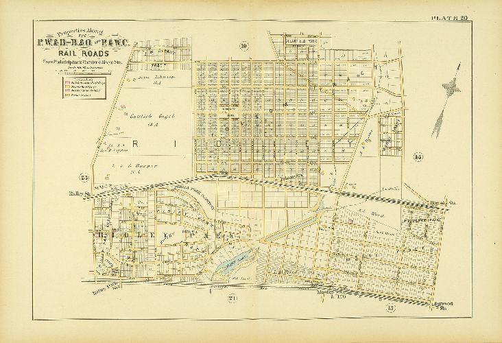 Plate 20, Atlas of Properties along the Philadelphia, Wilmington and Baltimore R.R., Baltimore & Ohio R.R., Phila. & West-Chester R.R., and part of Philada. & Reading R.R., Philadelphia to Chester and Elwyn Sta.