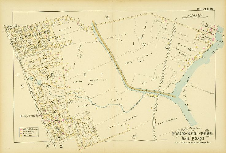 Plate 21, Atlas of Properties along the Philadelphia, Wilmington and Baltimore R.R., Baltimore & Ohio R.R., Phila. & West-Chester R.R., and part of Philada. & Reading R.R., Philadelphia to Chester and Elwyn Sta.