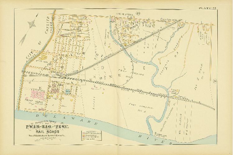 Plate 22, Atlas of Properties along the Philadelphia, Wilmington and Baltimore R.R., Baltimore & Ohio R.R., Phila. & West-Chester R.R., and part of Philada. & Reading R.R., Philadelphia to Chester and Elwyn Sta.