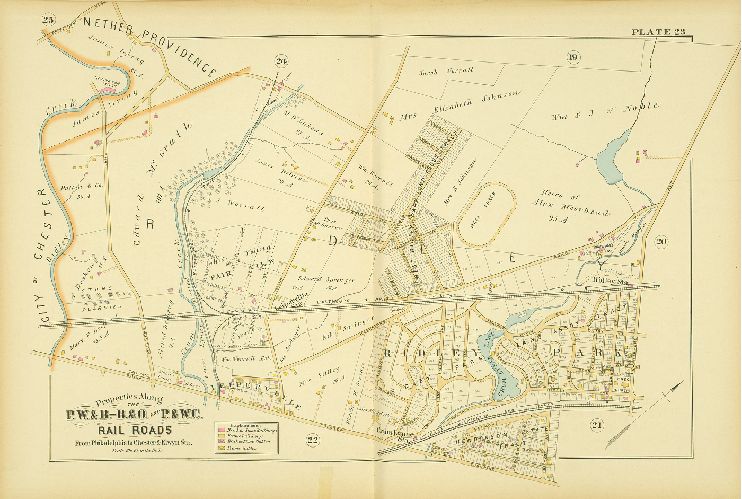 Plate 23, Atlas of Properties along the Philadelphia, Wilmington and Baltimore R.R., Baltimore & Ohio R.R., Phila. & West-Chester R.R., and part of Philada. & Reading R.R., Philadelphia to Chester and Elwyn Sta.