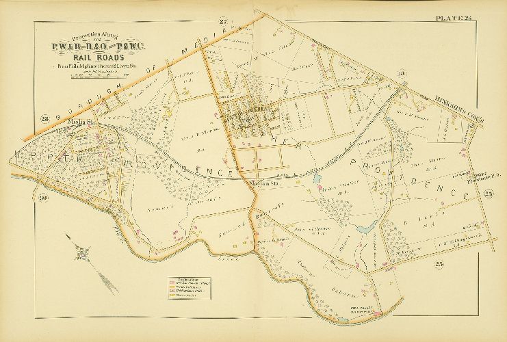 Plate 26, Atlas of Properties along the Philadelphia, Wilmington and Baltimore R.R., Baltimore & Ohio R.R., Phila. & West-Chester R.R., and part of Philada. & Reading R.R., Philadelphia to Chester and Elwyn Sta.