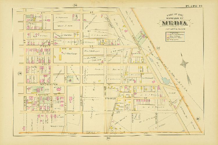 Plate 27, Atlas of Properties along the Philadelphia, Wilmington and Baltimore R.R., Baltimore & Ohio R.R., Phila. & West-Chester R.R., and part of Philada. & Reading R.R., Philadelphia to Chester and Elwyn Sta.
