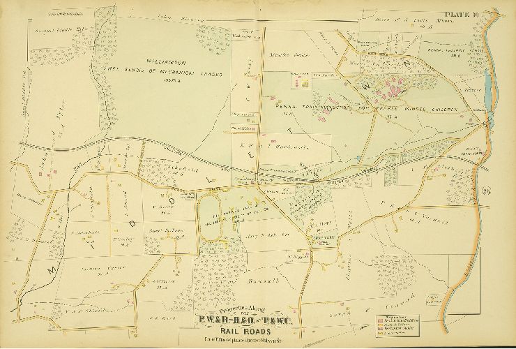 Plate 30, Atlas of Properties along the Philadelphia, Wilmington and Baltimore R.R., Baltimore & Ohio R.R., Phila. & West-Chester R.R., and part of Philada. & Reading R.R., Philadelphia to Chester and Elwyn Sta.