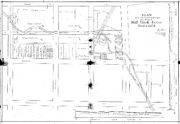 Plan, Plan for the assessment of damages along the line of Mill Creek Sewer west of 52nd St. Jos. Johnson, Surveyor & Reg'l. 11th District, 7-21-93. [On reverse: "Road Jury Plan." See JP-SD7th_10 for original color tracing]