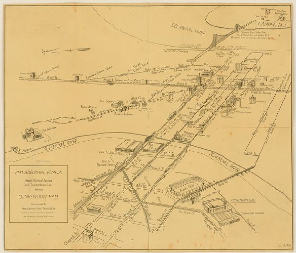 Perspective Map, Hotels, Railroad Stations, and Transportation Lines serving Convention Hall