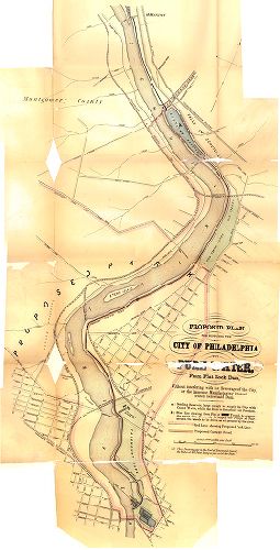 Map, Proposed plan for supplying the City of Philadelphia with pure water from Flat Rock Dam, without interfering with the sewerage of the City, or the immense manufacturing interest located below said dam. 