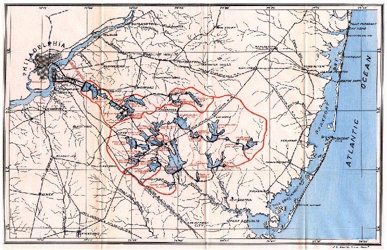 Map, Map accompanying Appendix H, "Proposed system of water supply from Southern New Jersey," a plan of Joseph Wharton to supply Philadelphia with water from the rivers running through his land in the Pine Barrens.