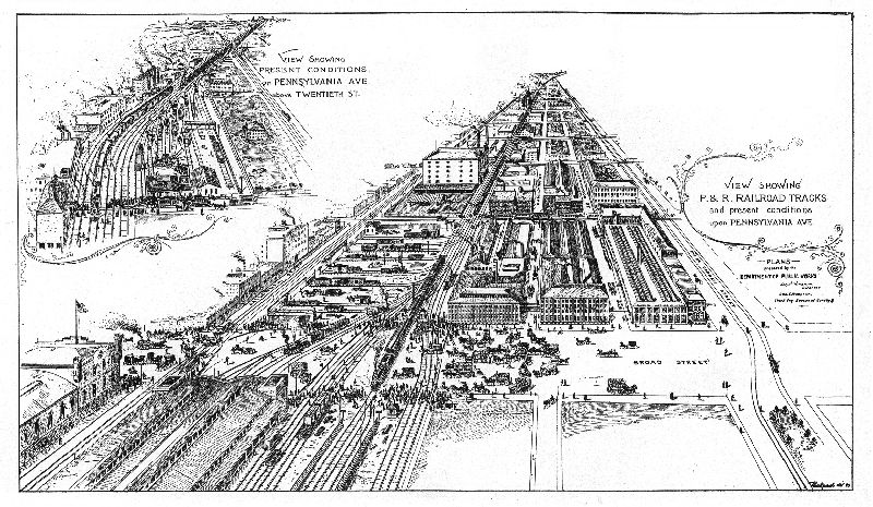 Map, View showing P. & R. [Philadelphia & Reading] railroad tracks and present conditions upon Pennsylvania Avenue. 