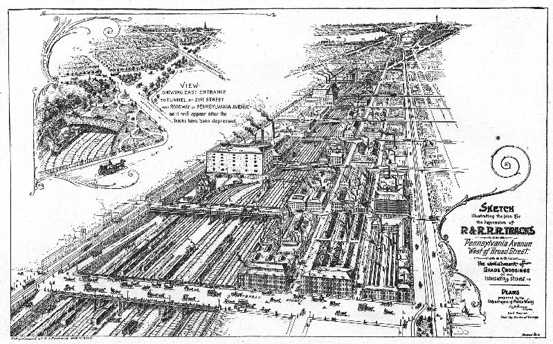 Map, Sketch illustrating the plan for the depression of the P. & R. R.R. (Philadelphia & Reading Railroad) tracks on Pennsylvania Avenue west of Broad Street and the abolishment of grade crossings on all intersection streets. [Inset: “View showing east entrance to tunnel at 21st Street and roadway of Pennsylvania Avenue as it will appear after the tracks have been depressed.”]