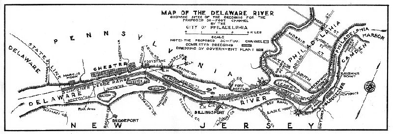 Map, Map of the Delaware River showing sites of the dredging for the proposed 30-foot channel by the City of Philadelphia. 
