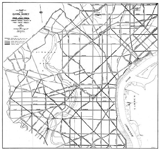Map, Map of the central district of Philadelphia showing general system of main traffic streets and parkways. 