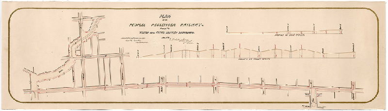 Plan, Plan of the Peoples Passenger Railway, through the Third and Fifth Survey Districts. May 1873. [Approved by Board of Surveyors June 16, 1873]