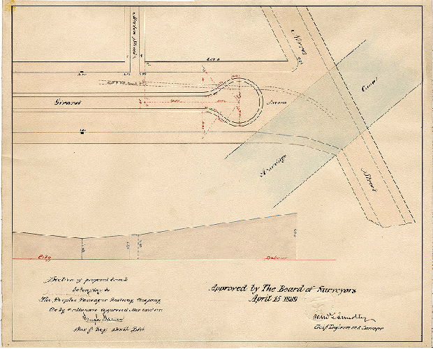 Plan, Section of proposed track belonging to the Peoples Passenger Railway Company [Ordinance March 23, 1889; approved by Board of Surveyors April 15, 1889]
