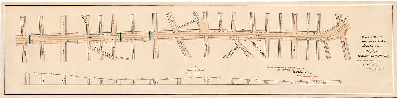 Plan, Plan and profile of proposed alteration of the position of tracks belonging to the Peoples Passenger Railway [Survey returned June 30, 1888; approved by Board of Surveyors July 2, 1888. This is contiguous with plan RC-011-z and RC-011-x, but by a different surveyor.]