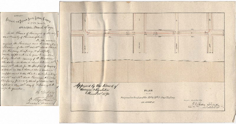 Plan, Plan of the proposed extension of the 13th and 15th St. Passr. Railway on Locust St. [Survey returned and approved March 21, 1870, with attached letter]
