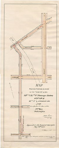 Plan, Plan showing proposed extension of the tracks of the 13th & 15th St. Passenger Railway on the line of 15th St. and Glenwood Ave. from Cumberland to Broad Sts., 28th Ward, Philadelphia [Approved May 20, 1889]