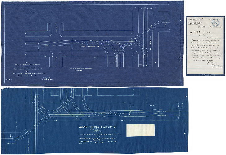 Plan, Plan showing the relocation of Tracks of the West Philadelphia Passenger Railway Co. on Forty-second St. from Chestnut St. to Sansom St., Twenty-seventh Ward, Philad'a. [Attachment 1: Memorandum from W. H. Jones to Geo. S. Webster, April 23, 1894, regarding the attached plan. Attachment 2: Wm. Wharton Jr. & Co. Incorporated, Philadelphia, Pa. Drawing of plan showing location of tracks on 42nd St. betw. Chestnut and Walnut Sts. for Phila. Traction Co. - Chestnut and Walnut Sts. Branch, Phila, PA. Drawing No. 7731]