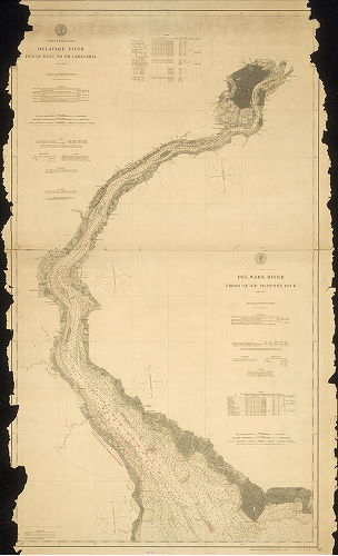 Plan, [Composite chart made by attaching two discreet charts, as follows: 1. Coast Chart No. 125. Delaware River, Cross Ledge to Penn's Neck. Published May 1890. 2. Coast Chart No. 126. Delaware River, Penn's Neck to Philadelphia. Published March 1891]