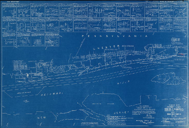 Plan, Delaware River Harbor Lines. Marcus Hook, Pa. to Philadelphia, Pa. Resurveyed 1939. In six sheets. U.S. Engineer Office. May 25, 1940. 1. Marcus Hook to Ridley Creek. 