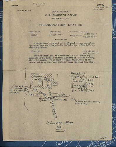 Plan, [Memo and diagram describing Triangulation Station Hiarc, "on the lawn of the Atlantic Refining Co. office building above Hog Island," attached to plan RC-J-Delaware1940_3]