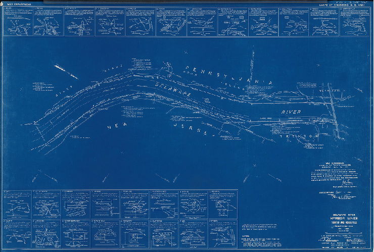 Plan, Delaware River Harbor Lines. Marcus Hook, Pa. to Philadelphia, Pa. Resurveyed 1939. In six sheets. U.S. Engineer Office. May 25, 1940. Trenton and Morrisville