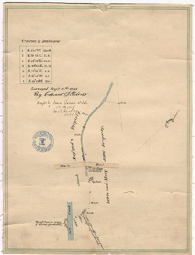 Plan, [No title. Property line survey at Darby Road (Woodland Avenue) and Mill Creek, for Lewis and Mary Jones. Also shows "Jacob Mayland's property"]