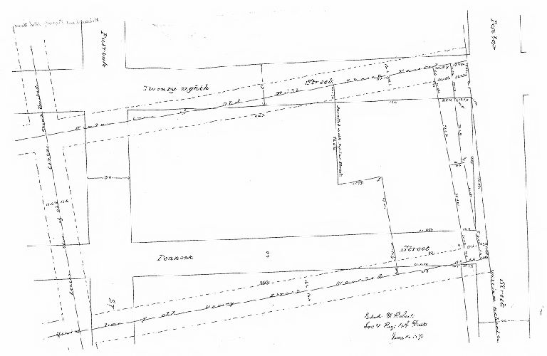 Plan, [No title. Property survey, vicinity of 28th and Parrish Streets, for Wickersham. Shows Henry St. and Mill St., both vacated.]