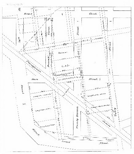Plan, [No title. Property survey, vicinity of 27th and Parrish, for Brinton. In original, vacated streets - Manor St., Bush Hill St., Canal Alley and Acorn Alley - drawn in red ink]