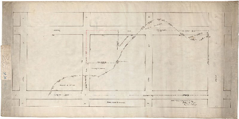 Plan, [No title. Land transfers between Stocker and McAnany, occasioned by the laying of the grid over property lines formerly defined by Mollebore Creek. Broad to 17th, Curtin to Packer. Note on reverse: "Broad and Ritner. Dye, Eng.]
