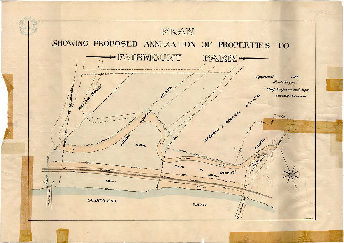 Plan, Plan showing proposed annexation of properties to Fairmount Park. Approved 1895.