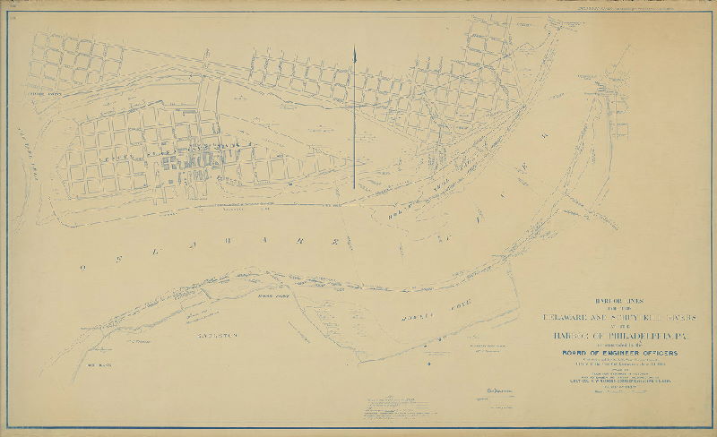 Plan, Harbor lines for the Delaware and Schuylkill Rivers at the Harbor of Philadelphia, Pa. recommended by the Board of Engineer Officers constituted by S. O. 21, War Department, Office of the Chief Engineers, June 30, 1904. Compiled from surveys made in October and November 1901 under the direction of Lieut. Col. C. W. Raymond, Corps of Engineers, U.S. Army. Delaware River - Gloucester to Schuylkill River.