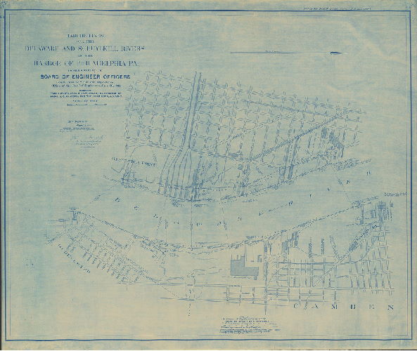 Plan, Harbor lines for the Delaware and Schuylkill Rivers at the Harbor of Philadelphia, Pa. recommended by the Board of Engineer Officers constituted by S. O. 21, War Department, Office of the Chief Engineers, June 30, 1904. Compiled from surveys made in 1904 under the direction of Major J. C. Sanford, Corps of Engineers, U.S. Army. Delaware River - Kaighn Point to Gloucester.