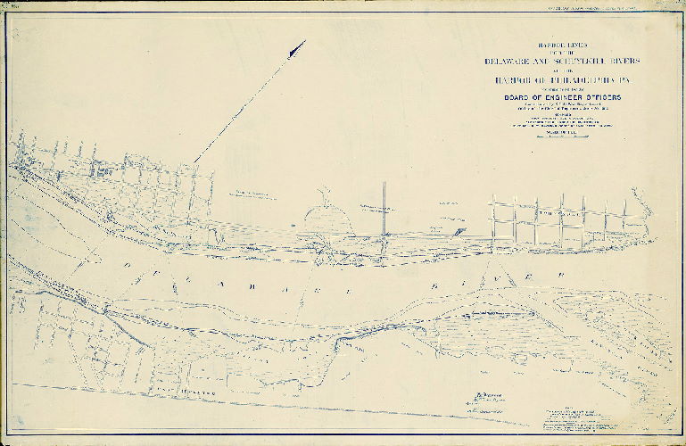 Plan (alternate image), Harbor lines for the Delaware and Schuylkill Rivers at the Harbor of Philadelphia, Pa. recommended by the Board of Engineer Officers constituted by S. O. 21, War Department, Office of the Chief Engineers, June 30, 1904. Compiled from surveys made in August and September 1901 under the direction of Lieut. Col. C. W. Raymond, Corps of Engineers, U.S. Army. Delaware River - Poquessing Creek to Palmyra.