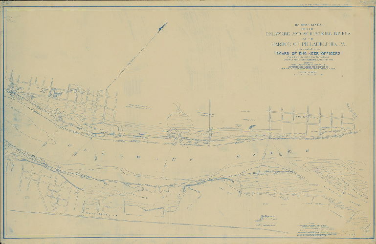 Plan, Harbor lines for the Delaware and Schuylkill Rivers at the Harbor of Philadelphia, Pa. recommended by the Board of Engineer Officers constituted by S. O. 21, War Department, Office of the Chief Engineers, June 30, 1904. Compiled from surveys made in August and September 1901 under the direction of Lieut. Col. C. W. Raymond, Corps of Engineers, U.S. Army. Delaware River - Poquessing Creek to Palmyra.