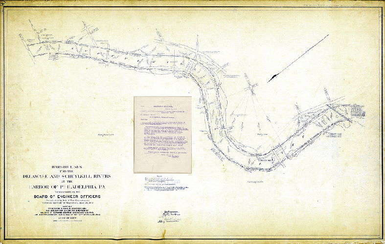 Plan (alternate image), Harbor lines for the Delaware and Schuylkill Rivers at the Harbor of Philadelphia, Pa. recommended by the Board of Engineer Officers constituted by S. O. 21, War Department, Office of the Chief Engineers, June 30, 1904. Compiled from surveys made in December 1897 and January 1898 under the direction of Major C. W. Raymond, Corps of Engineers, U. S. Army, and in September 1902 and in 1904 by the City of Philadelphia