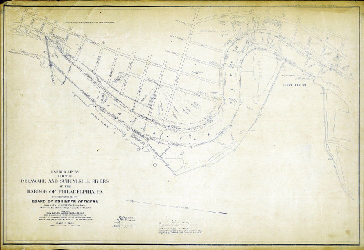Plan (alternate image), Harbor lines for the Delaware and Schuylkill Rivers at the Harbor of Philadelphia, Pa. recommended by the Board of Engineer Officers constituted by S. O. 21, War Department, Office of the Chief Engineers, June 30, 1904. Compiled from surveys made in December 1897 and January 1898 under the direction of Major C. W. Raymond, Corps of Engineers, U. S. Army, and in September 1902 by the City of Philadelphia